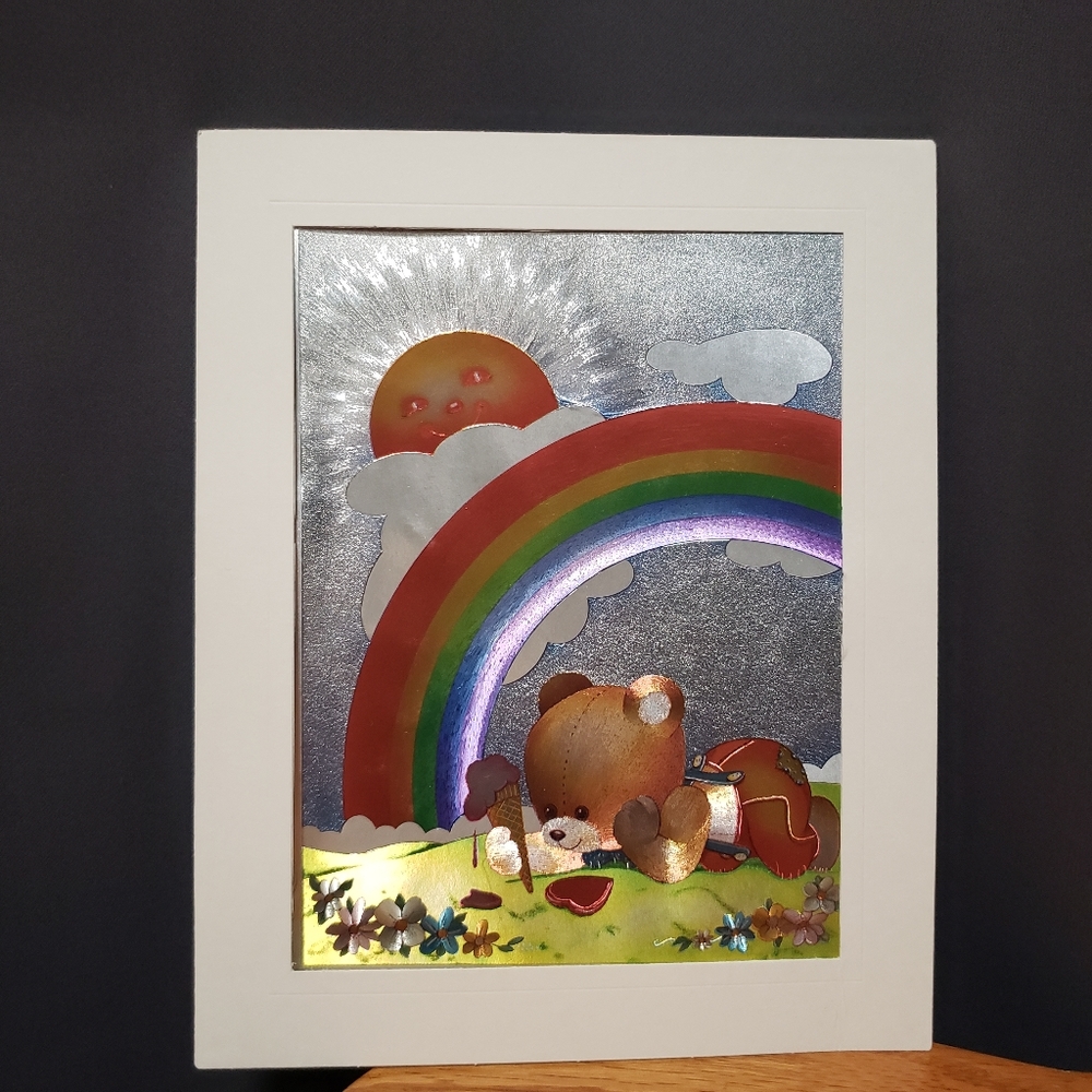 Vintage Foil Art Colorful Rainbow Teddy Bear with Ice Cream Cone